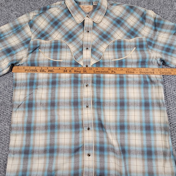 Scully Western Plaid Long Sleeve Snap Button‎ Shirt Men's Large Blue Gray Cream - Picture 6 of 8